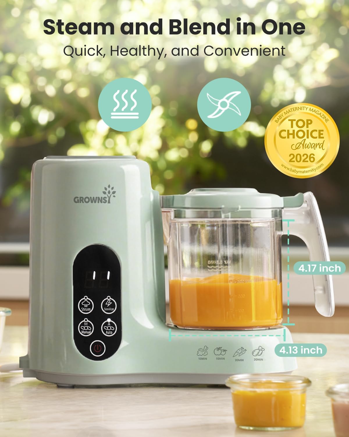 Grownsy Baby Food Maker with Steam Basket, One Step Baby Food Processor Steamer Puree Blender Grinder Mills Machine, Auto Cooking Grinding and Sterili-zing for Healthy Homemade Baby Food, Blue
