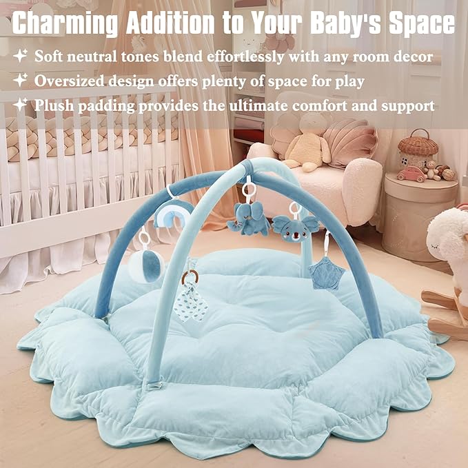 5-in-1 Plush Baby Play Gym, Activity Mat with Convertible Gym, Baby Gym 6 Sensory Toys, Play Center for Newborn to Toddler, Blue