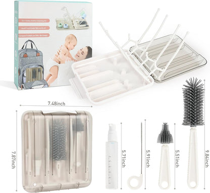 Baby Bottle Brush Set, 6-in-1 Travel Bottle Cleaner Kit with Silicone Bottle Brush, Nipple & Straw Brush, Soap Dispenser, Drying Rack, Storage Box – Compact Baby Travel Essential for Home & On-The-Go