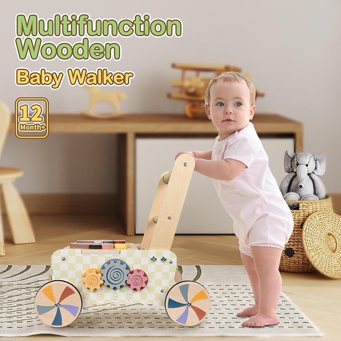 BAUTIA Baby Push Toys, Wooden Play Kitchen Food Cart, Montessori Acitivty Center Walker Toys for 1 2 Year Old Girl Boys Gifts