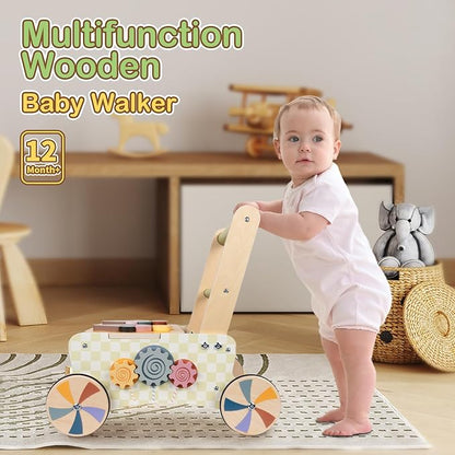 BAUTIA Baby Push Toys, Wooden Play Kitchen Food Cart, Montessori Acitivty Center Walker Toys for 1 2 Year Old Girl Boys Gifts