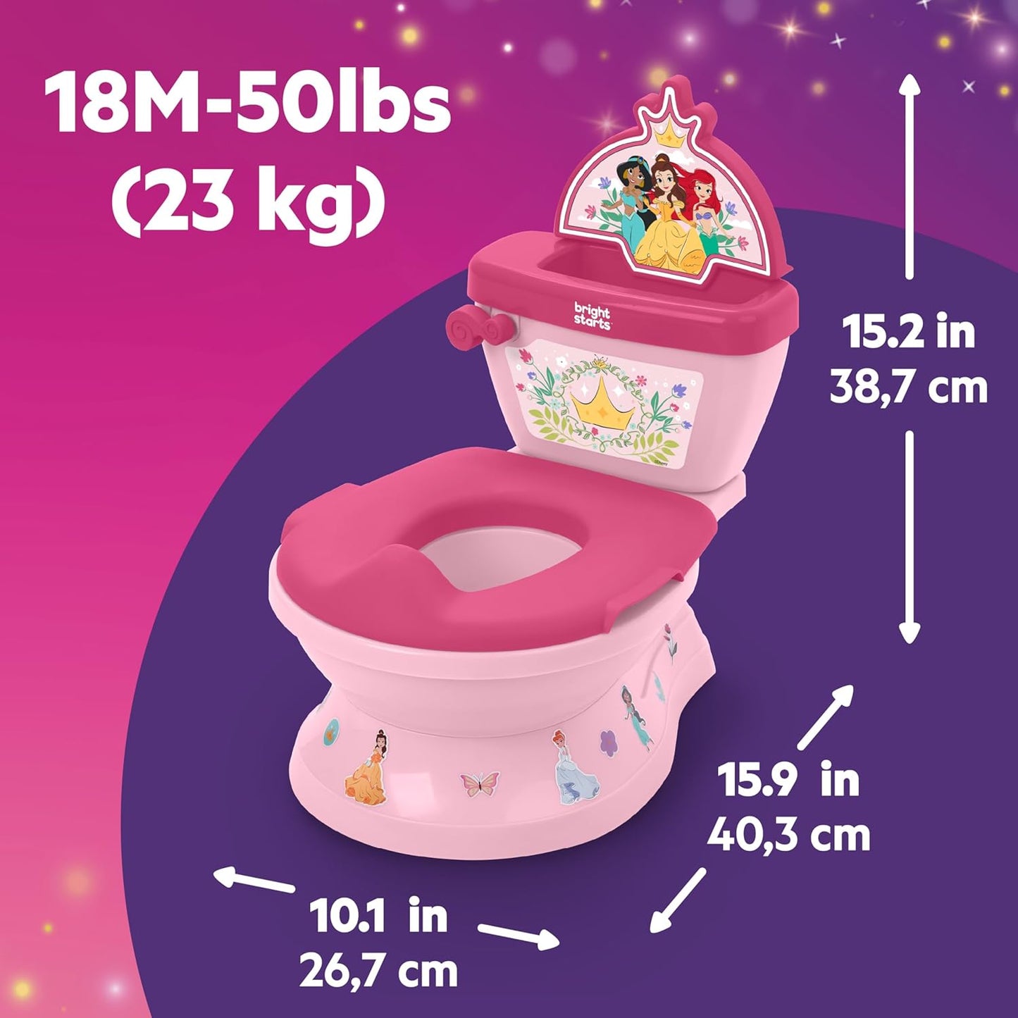 Bright Starts Disney Junior Minnie Mouse My Size Potty Training Toilet, Toddler Potty Chair with Flushing & Cheering Sounds, Removable Seat with Splash Guard & Handles, Ages 18+ Months, Up to 50 lbs