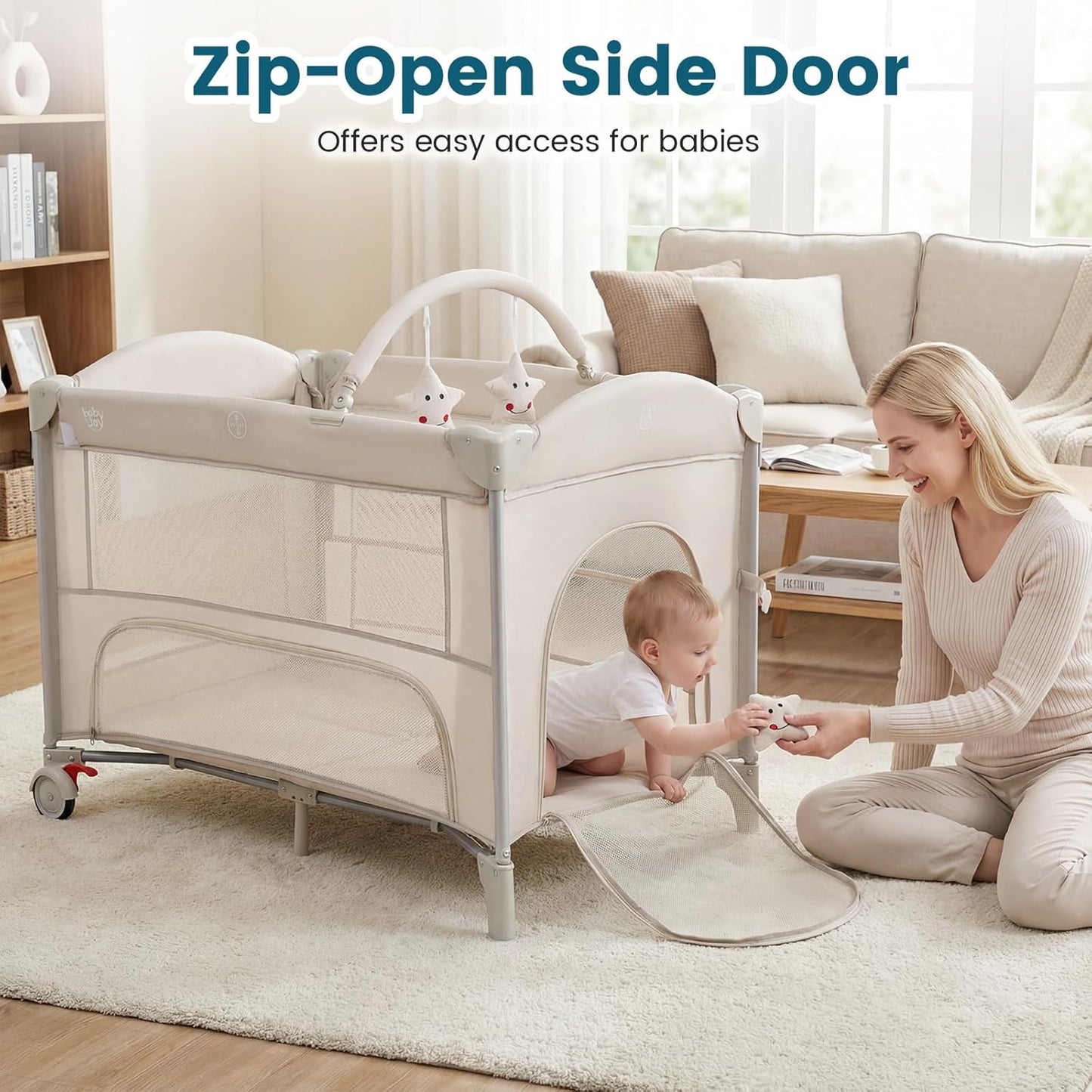 BABY JOY 5-in-1 Pack and Play with Canopy, 4 Level Heights Baby Bedside Sleeper w/Bassinet, U-Shaped Changing Table, Safety Strap, Side Zipper, Portable Bedside Crib Playard from Newborn to Toddlers