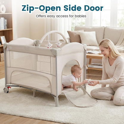 BABY JOY 5-in-1 Pack and Play with Canopy, 4 Level Heights Baby Bedside Sleeper w/Bassinet, U-Shaped Changing Table, Safety Strap, Side Zipper, Portable Bedside Crib Playard from Newborn to Toddlers