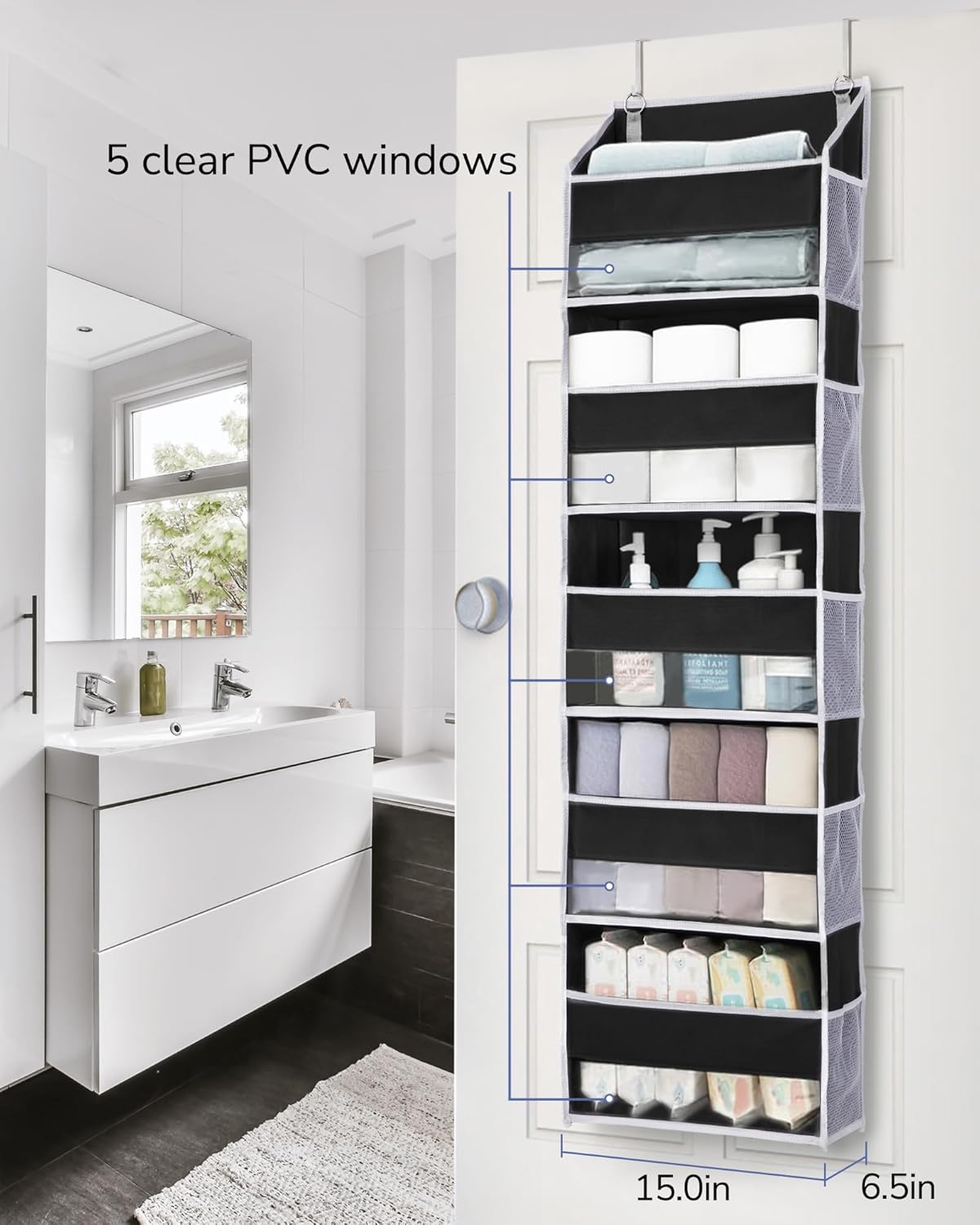 ULG 1 Pack Over Door Organizer with 5 Large and 10 Mesh Side Pockets, 44 lbs Weight Capacity Hanging Storage with Clear Window Kids Toys, Shoes, Diapers, Dark Grey, 5 Layers