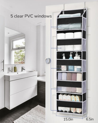 ULG 1 Pack Over Door Organizer with 5 Large and 10 Mesh Side Pockets, 44 lbs Weight Capacity Hanging Storage with Clear Window Kids Toys, Shoes, Diapers, Dark Grey, 5 Layers
