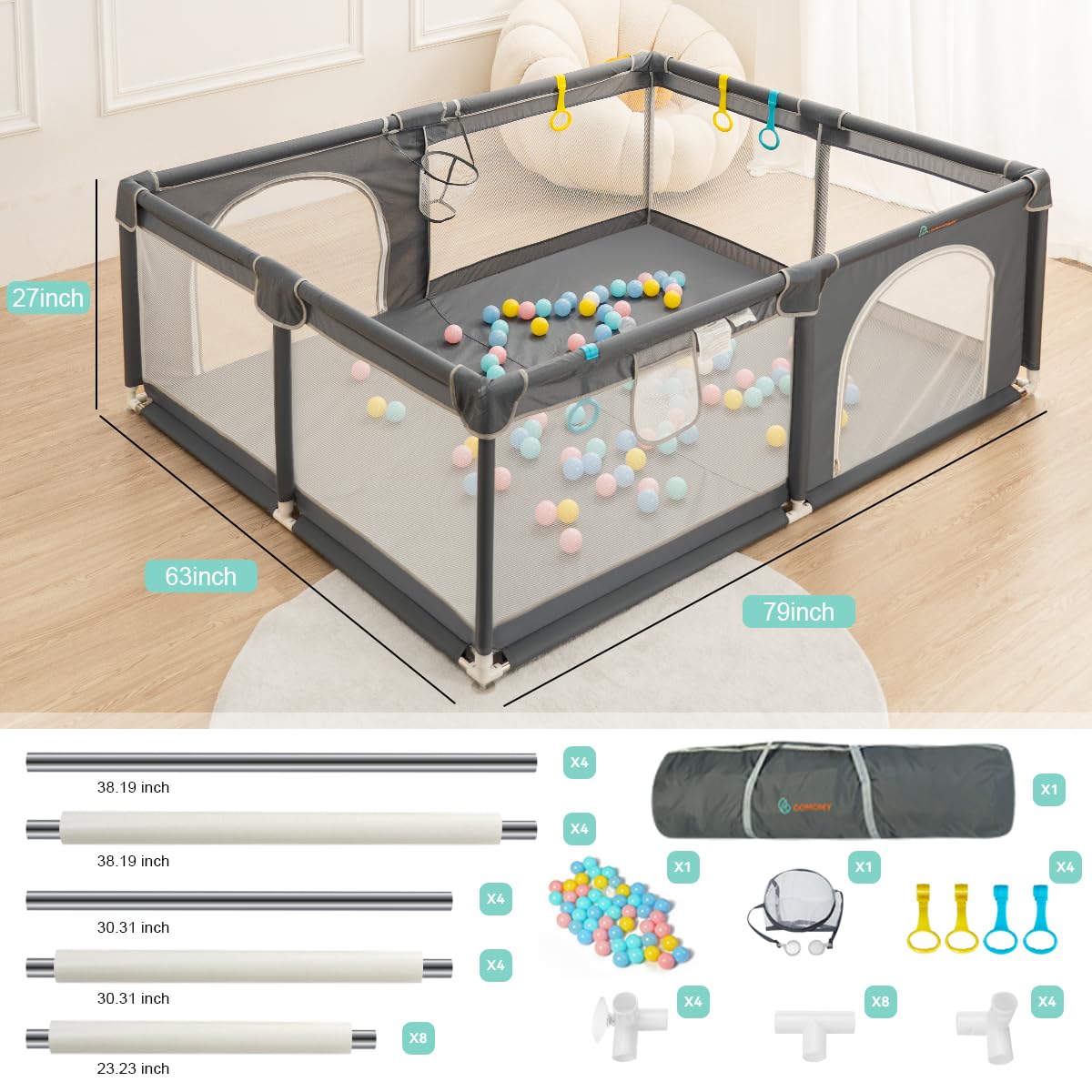 COMOMY Playpens for Babies and Toddlers, Small Baby Play Pens, Activity Center for Safe and Non-Slip Baby Fence, Full Mesh Design, Indoor & Outdoor Kids Activity Center (Dark Grey, 36"x36")