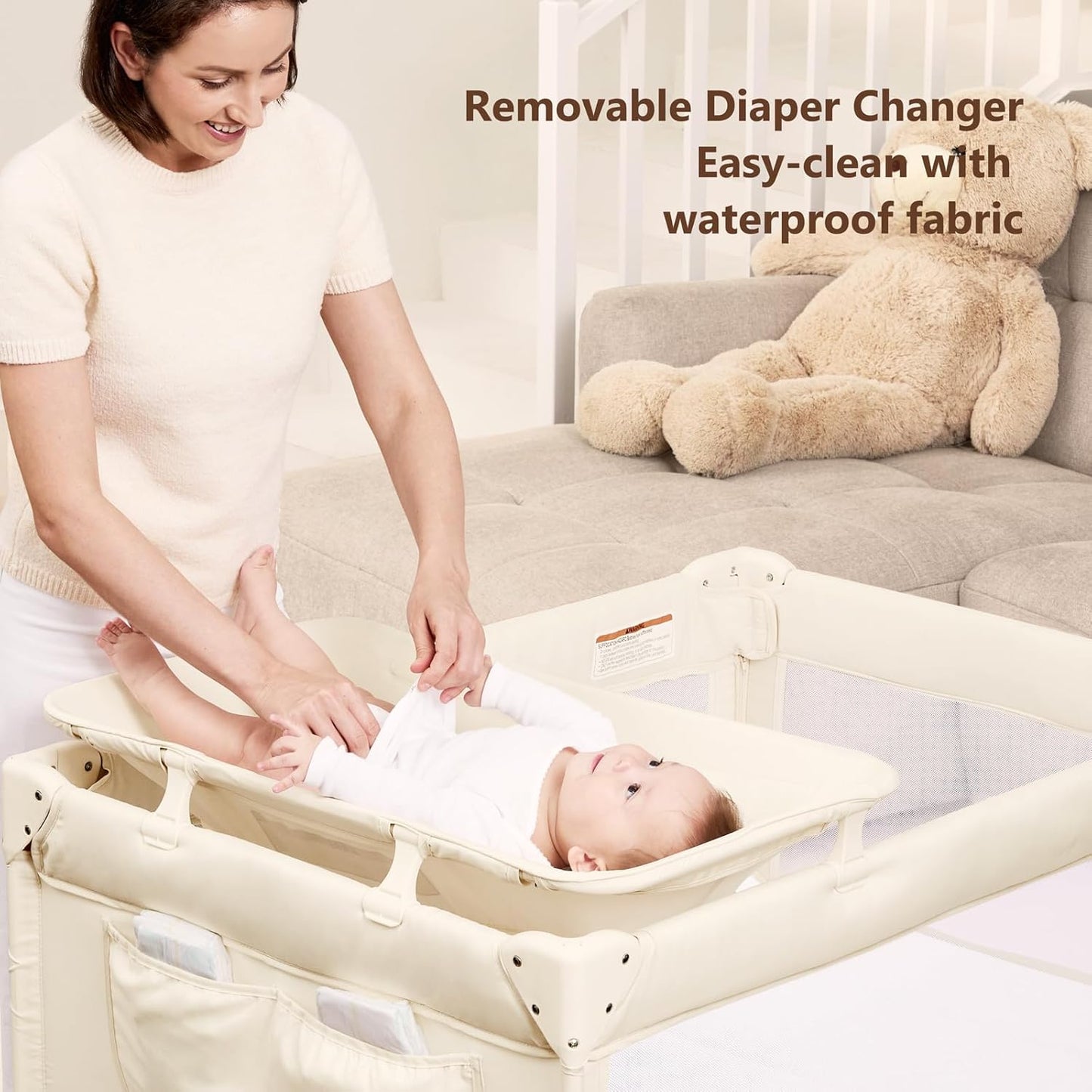 ANGELBLISS Baby Bassinet Bedside Crib, Pack and Play with Mattress, Diaper Changer, One-Push Setup Playards from Infants to Toddlers (Balck)