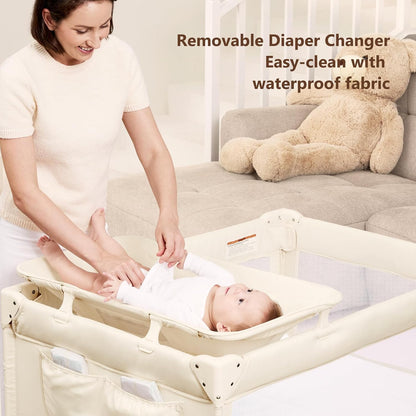 ANGELBLISS Baby Bassinet Bedside Crib, Pack and Play with Mattress, Diaper Changer, One-Push Setup Playards from Infants to Toddlers (Balck)
