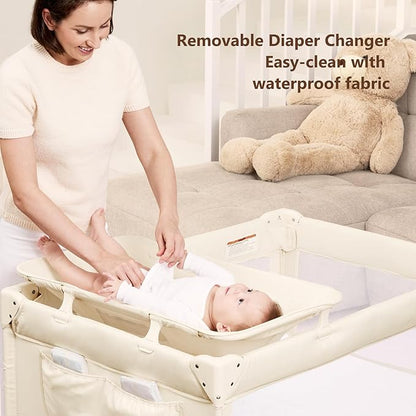 ANGELBLISS Baby Bassinet Bedside Crib, Pack and Play with Mattress, Diaper Changer, One-Push Setup Playards from Infants to Toddlers (Beige)