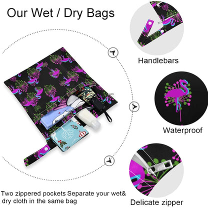 visesunny Yellow Dinosaurs Volcano and Palm Tree 2Pcs Wet Bag with Zippered Pockets Washable Reusable Roomy for Travel,Beach,Pool,Daycare,Stroller,Diapers,Dirty Gym Clothes, Wet Swimsuits, Toiletries