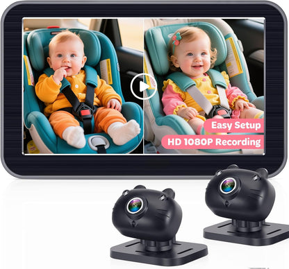 HD-1080P 2-Kids Baby Car Camera: Auto Night Vision Dual Backseat Cameras with 7” Split-Screen Recording Monitor - 360° Rotation, Easy Installion Without Tools for Twins & Siblings