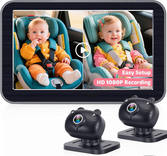HD-1080P 2-Kids Baby Car Camera: Auto Night Vision Dual Backseat Cameras with 7” Split-Screen Recording Monitor - 360° Rotation, Easy Installion Without Tools for Twins & Siblings