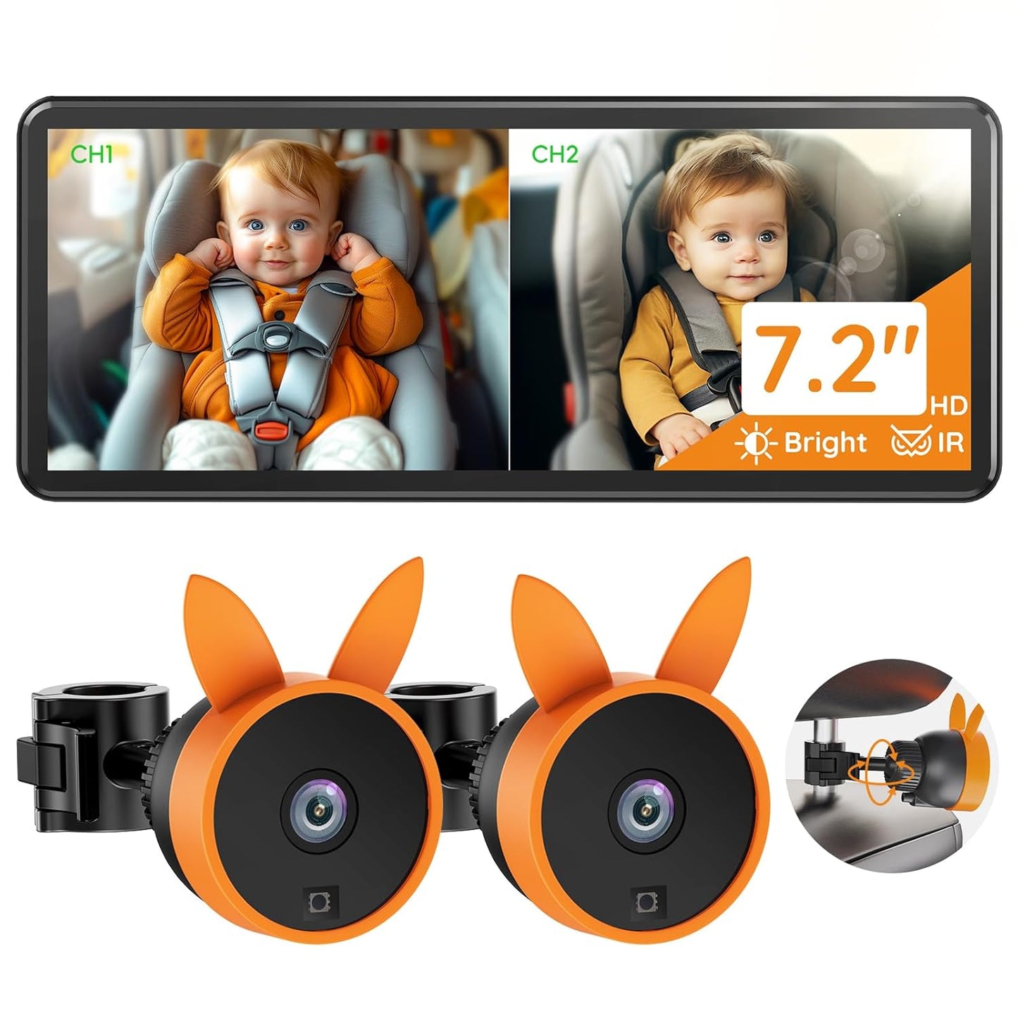 Babyvue BV3PRO Dual Baby Car Camera for 2 Boys, 7.2" 1080P HD Split Screen, Crystal Clear IR Night Vision, No Distortion Display Baby Car Monitor, Safe Driving for Back Seat & Pets