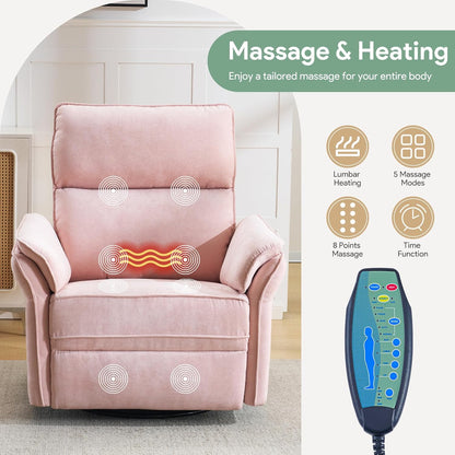 Oversized Swivel Rocker Recliner with Adjustable Headrest, Rocking Chair Nursery with Overstuffed Armrest, Manual Rocker Recliner Nursery Chair for Living Room, White
