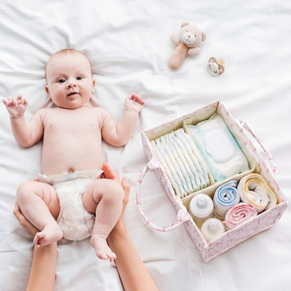 Shinylin Diaper Caddy Organizer with Pink Bow Portable Nursery Storage Basket with Handles and Removable Dividers Cute Storage Bin for Organizer Diaper Caddy Baby Wipes Baby Shower Gifts