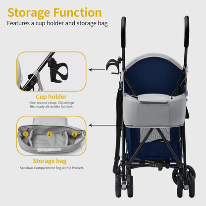 10lbs Ultra-Lightweight Pet Stroller - Compact Folding Umbrella Stroller with Durable Shoulder Strap, 3-Compartment Organizer & Cup Holder - Portable Dog Cat Travel Carriage, Dark Gray