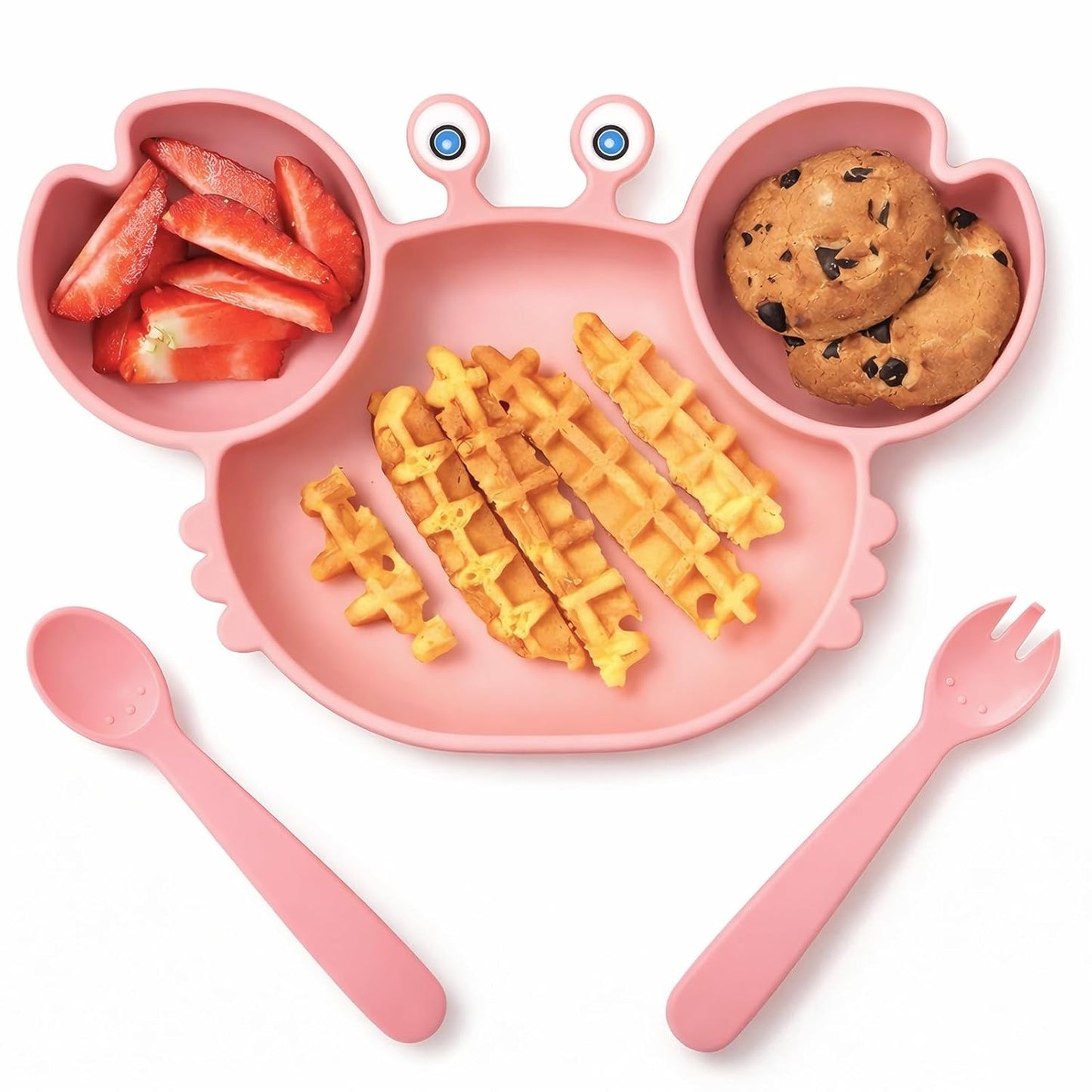 ROCCED Suction Plates for Baby, Silicone Plates with Suction Divided, Baby Spoon Fork Set for Toddler Baby Dishes Kids Utensils-Crab Dusty Blue