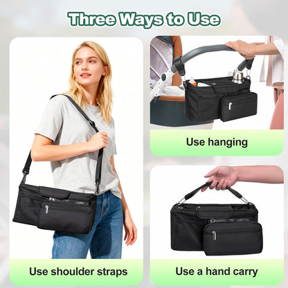 Universal Stroller Organizer Bag, Stroller Caddy with Insulated Cup Holders & Detachable Phone Bag and Shoulder Strap, Stroller Bag for Baby Accessories Fits Most Strollers On Travel, Walks (Black)