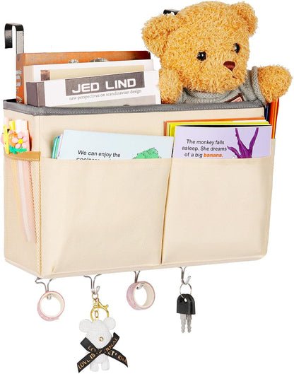 Bedside Storage Organizer 5 Pockets with 4 Hooks Hanging Storage Bag for Headboards/Bunk Bed (Pink)