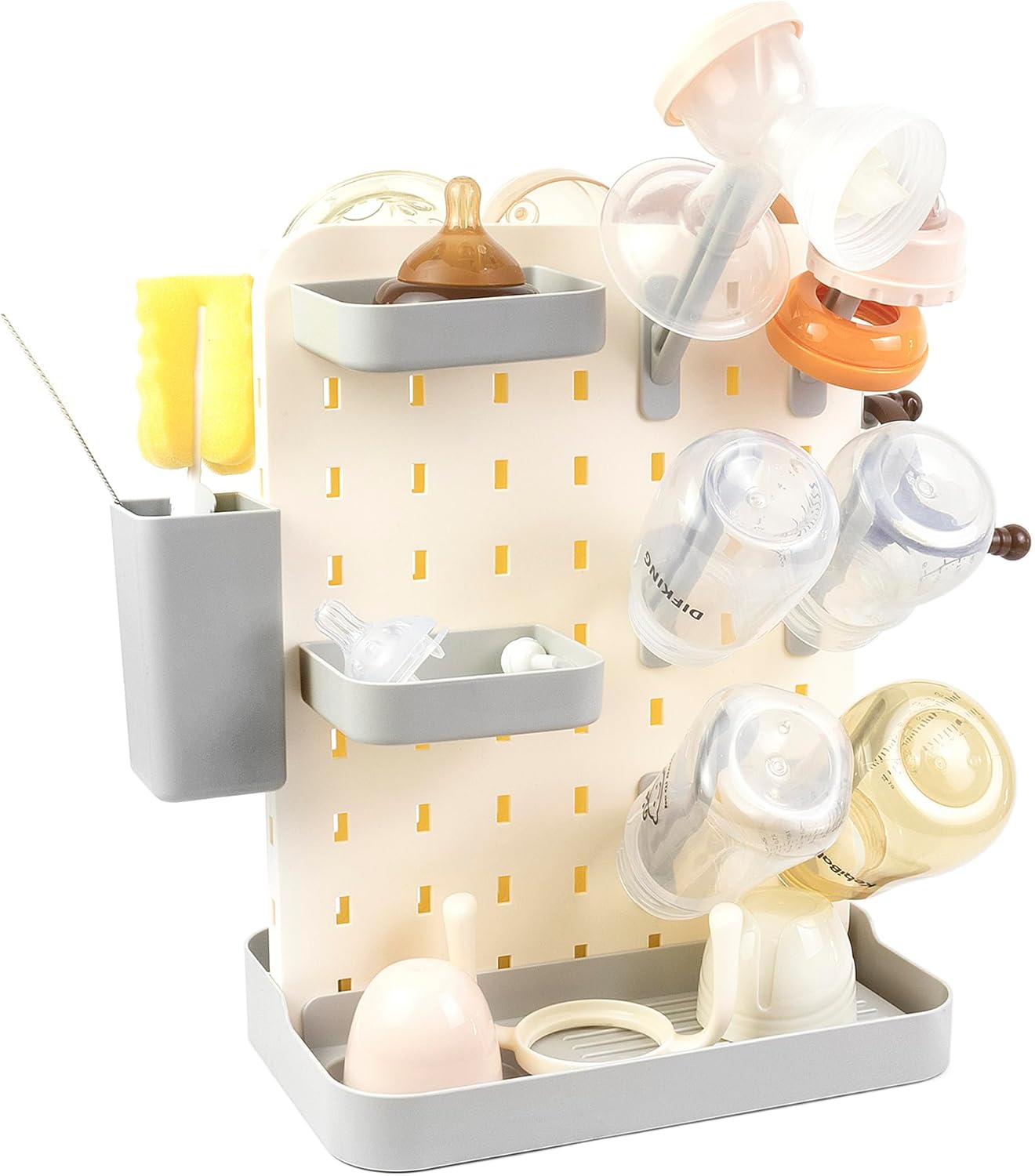 Baby Bottle Drying Rack Space Saving Countertop Vertical Rack with Brushes Holder (Pink)
