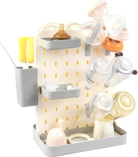 Baby Bottle Drying Rack Space Saving Countertop Vertical Rack with Brushes Holder (Pink)