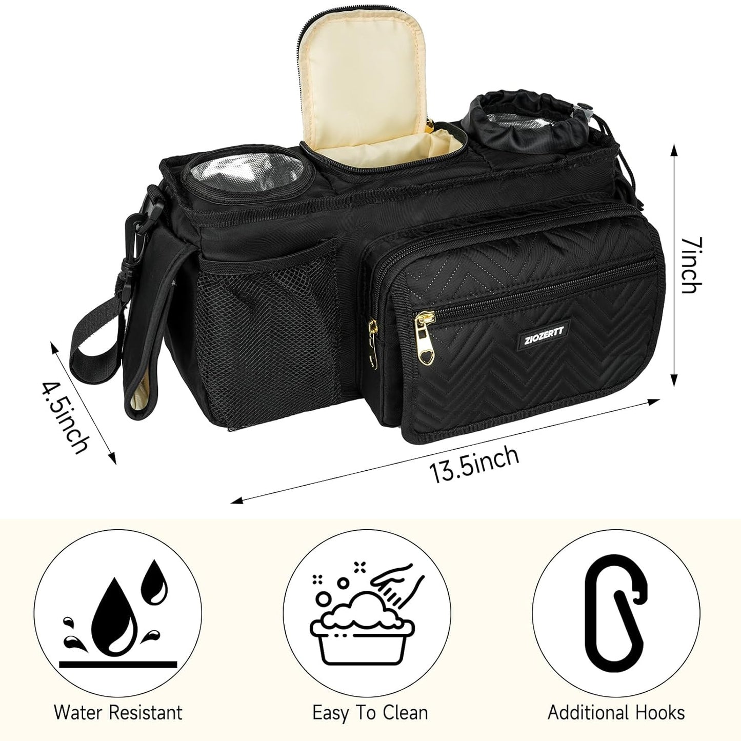 Universal Stroller Organizer with Insulated Cup Holders,Large Capacity Non-Slip Stroller Caddy Bag Fits for Uppababy/Doona/Jogger/Britax/Mompush/BoB with Anti-Sag Hard Bottom and Wet Wipes Pocket