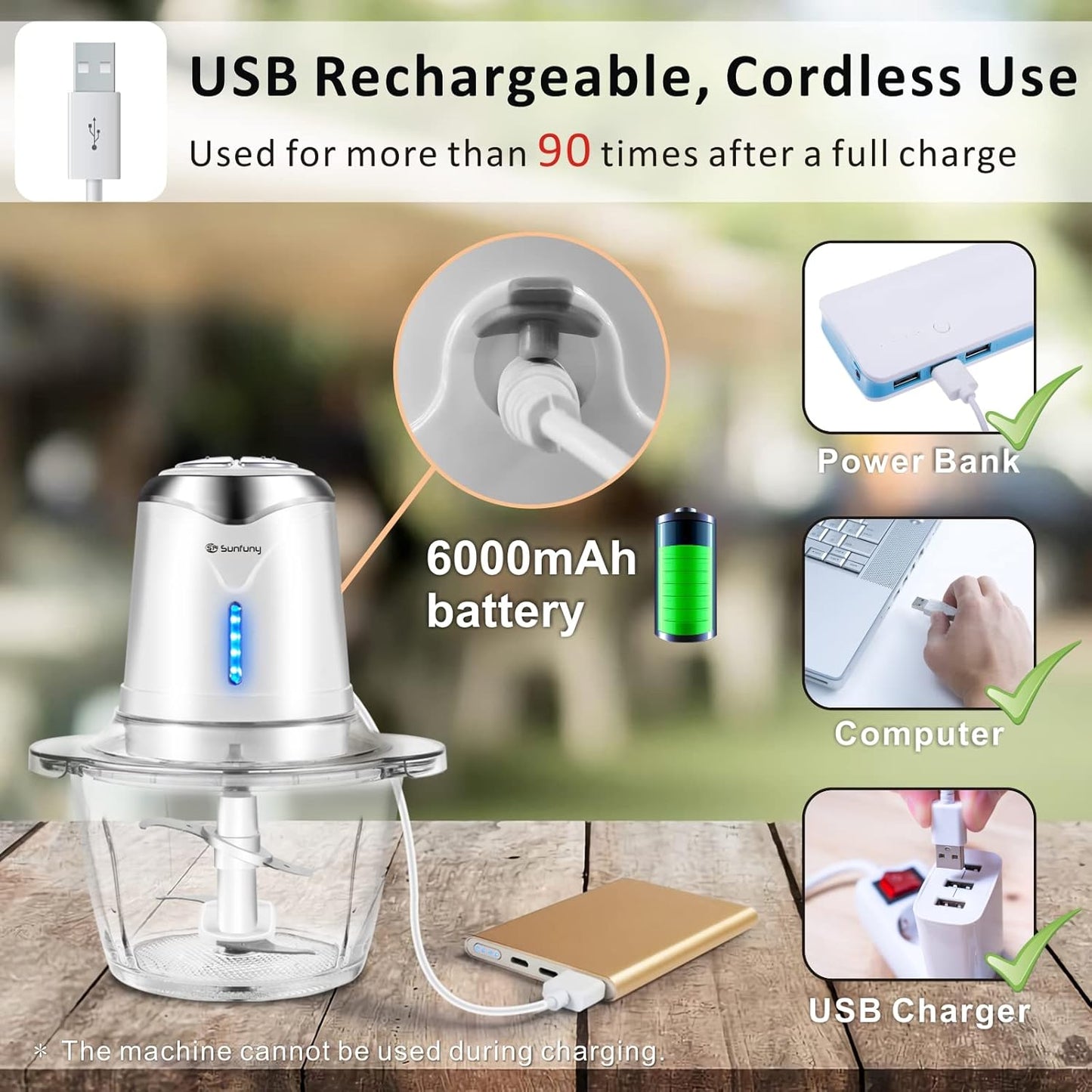 Food Processor Cordless Vegetable Chopper with 5 Cup Stainless Steel Bowl＆6000mAh USB Rechargeable Battery, Electric Garlic Meat Choppers BPA-free Baby Food Processors Blender Mincert(White)