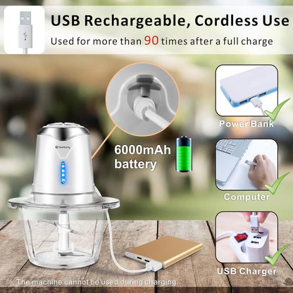 Food Processor Cordless Vegetable Chopper with 5 Cup Stainless Steel Bowl＆6000mAh USB Rechargeable Battery, Electric Garlic Meat Choppers BPA-free Baby Food Processors Blender Mincert(White)