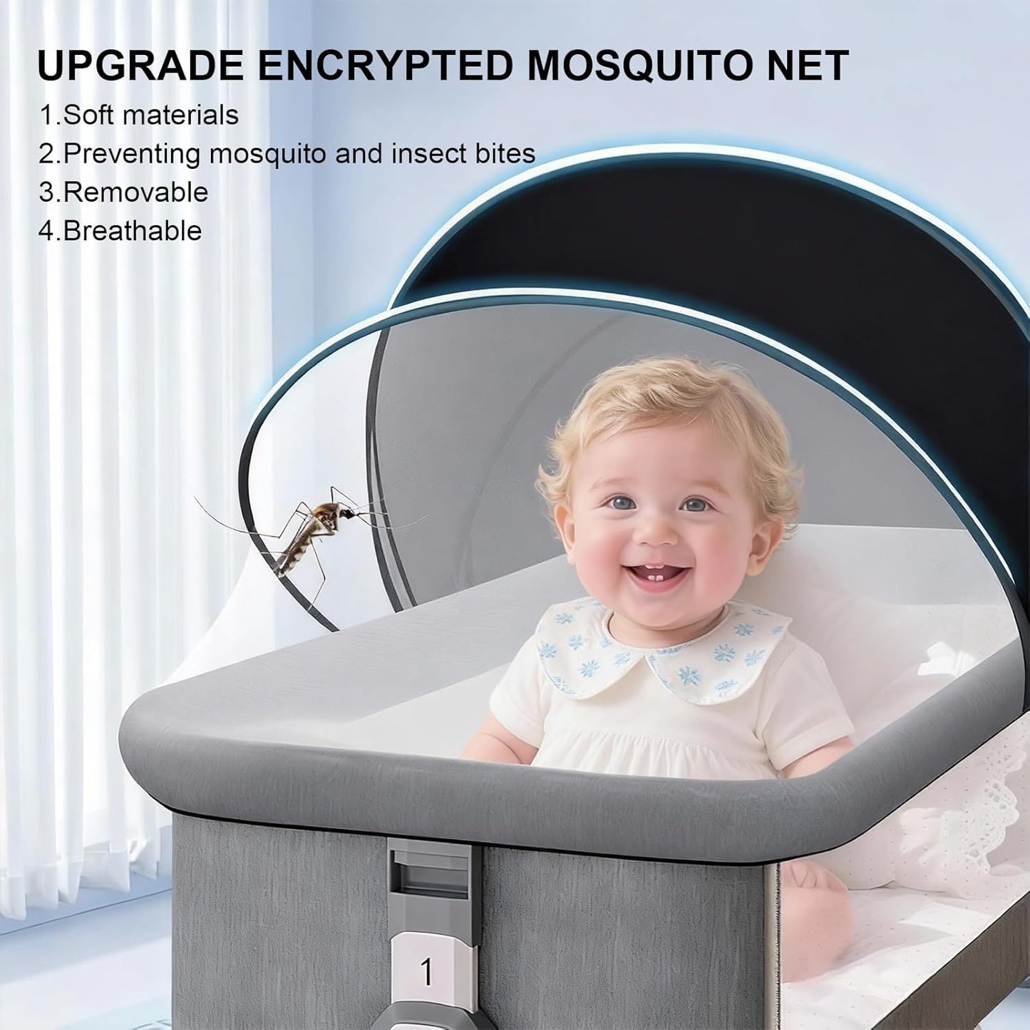 Bassinet Cover Mosquito Net for Babies to Keep Insects/Bugs/Cats Out, Toddler Bassinet/Bedside Sleeper/Crib Net with Two-Way Zippers & Storage Bag, Breathable Mesh Holes, White