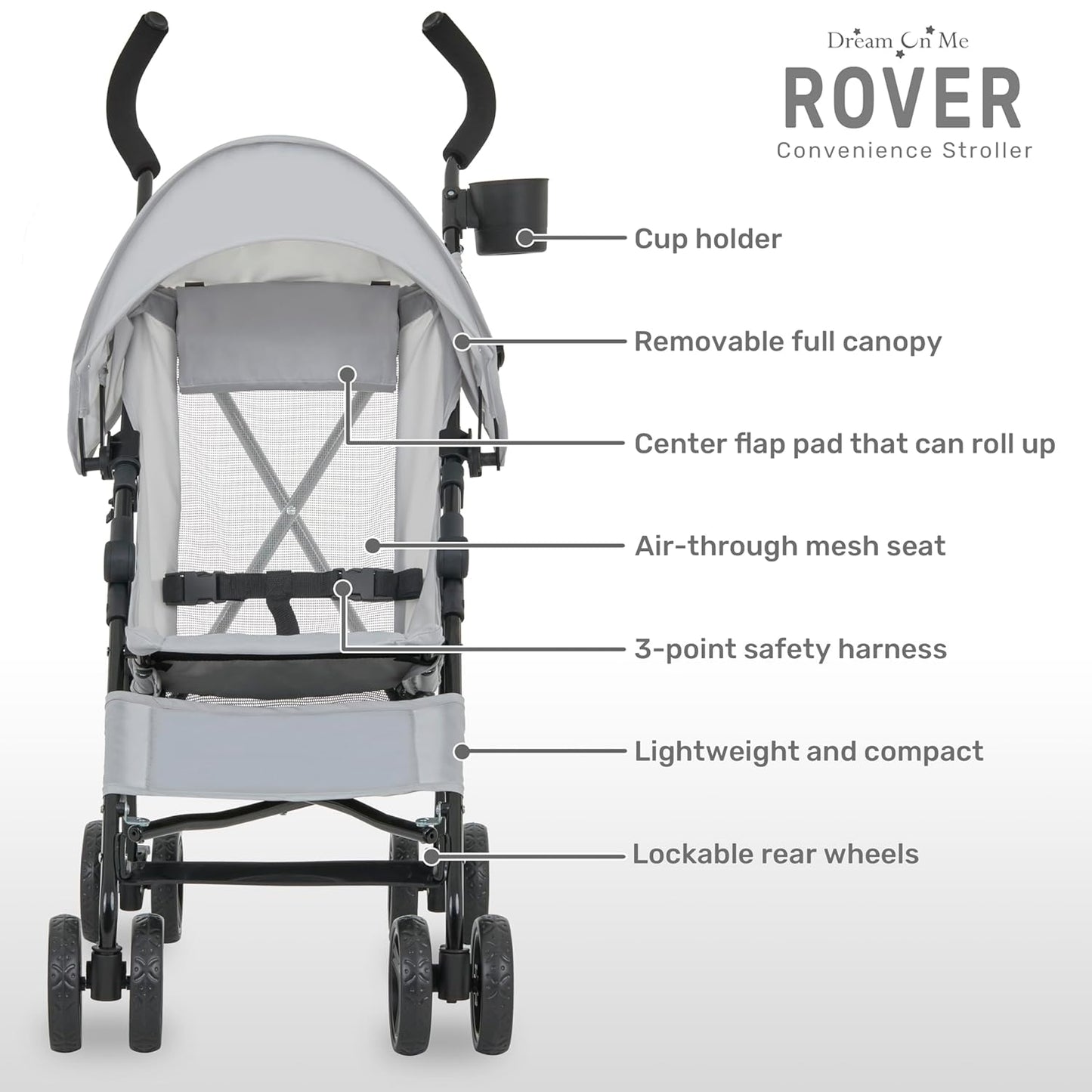 Dream On Me Rover Convenience Baby Stroller – Lightweight & Compact Travel Umbrella Stroller, Quick One-Hand Fold, Lockable Rear Wheels, Adjustable Canopy, 3-Point Safety Harness & Cup Holder – Grey