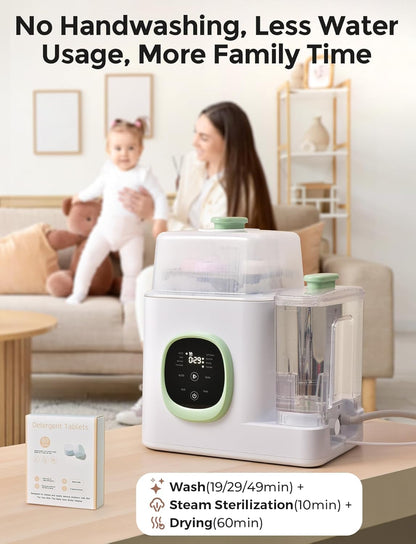 Xaproo Baby Bottle Washer, Sterilizer & Dryer, All-in-One Cleaning Machine for Bottles, Pump Parts & Baby Essentials, 19 Min Rapid Wash & Auto Mode, 60 Detergent Tablets Time-Saving & Effortless Care