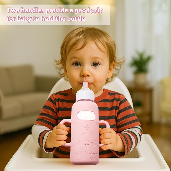KingKam 4 Pack Silicone Sleeves for Dr. Brown's Glass Baby Bottles, Drop Protection Bottle Sleeves with Handles, Compatible with Dr. Brown's Anti-Colic Options+ Narrow Glass Baby Bottles, 8 oz/250 mL