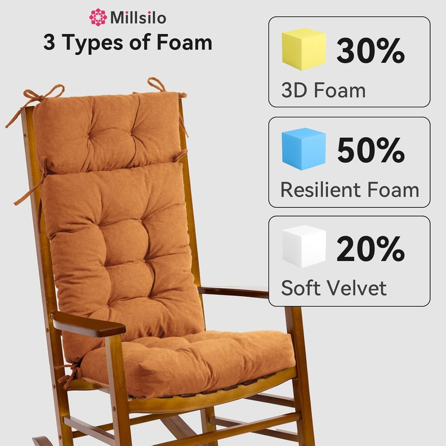 Millsilo Rocking Chair Cushions 3-Piece Set with Neck Pillow, Indoor Rocker Comfortable Tufted Non-Slip Pads with Ties, High-Density Foam Cushion for Adirondack Glider Chair, Orange, 52 x 19 x 4 Inch