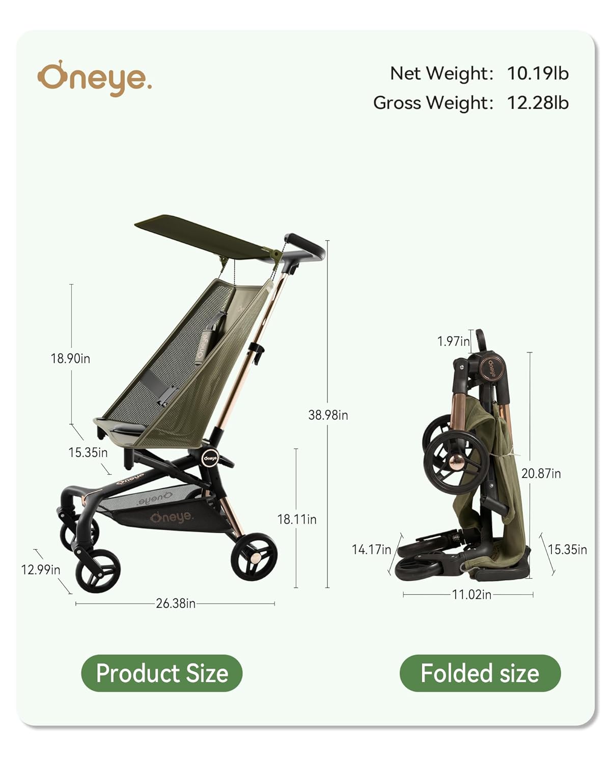 Oneye Travel Stroller for Airplane, Ultra Lightweight Baby Stroller for Toddlers with Canopy, Foldable & Compact Strollers with Jumbo Seat & Large Storage Basket,10.19lb,Stable & One-Hand Fold, Green