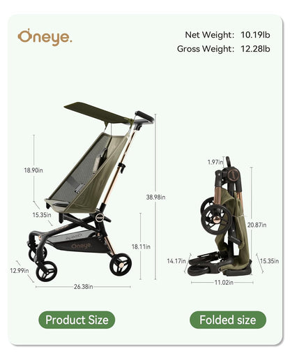 Oneye Travel Stroller for Airplane, Ultra Lightweight Baby Stroller for Toddlers with Canopy, Foldable & Compact Strollers with Jumbo Seat & Large Storage Basket,10.19lb,Stable & One-Hand Fold, Green