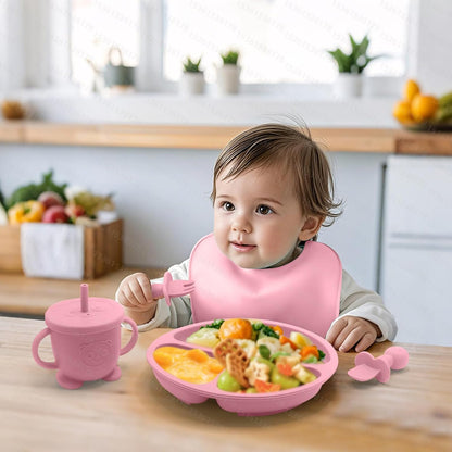 Baby Led Weaning Supplies, 17 Piece BPA-Free Silicone Feeding Set, Eating Essentials Baby Utensils with Suction Plate and Bowl, Pocket Bib, Sippy Cup with Lid, for 6+ Months, Blue