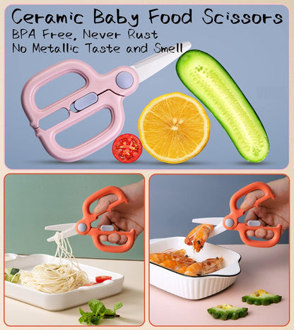 Baby Food Scissors with Travel Case, Ceramic Food Scissors Kids, Toddler Scissor with Safety Lock, Ideal for Pizza, Meats, Noodles, Vegetables, and Fruits (C)