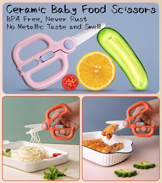 Baby Food Scissors with Travel Case, Ceramic Food Scissors Kids, Toddler Scissor with Safety Lock, Ideal for Pizza, Meats, Noodles, Vegetables, and Fruits (C)