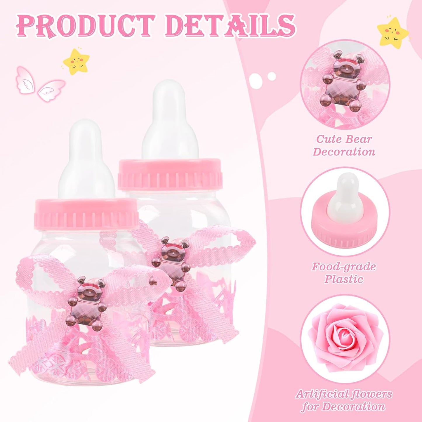 MACTING 2 Dozens 3.5 Inch Feeding Bottle Candy Box with 5 Pcs Artificial Flower Rose for Baby Shower Favor Gift Decoration (Pink)