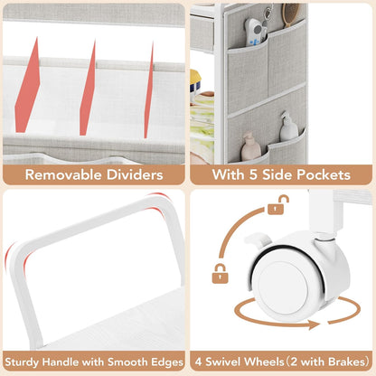 BBLIKE 3-Tier Diaper Caddy Organizer - Rolling Utility Baby Cart with Drawer and Side Pockets for Nursery and Baby Essentials, Multi-Function Cart for Bedroom and Bathroom, White
