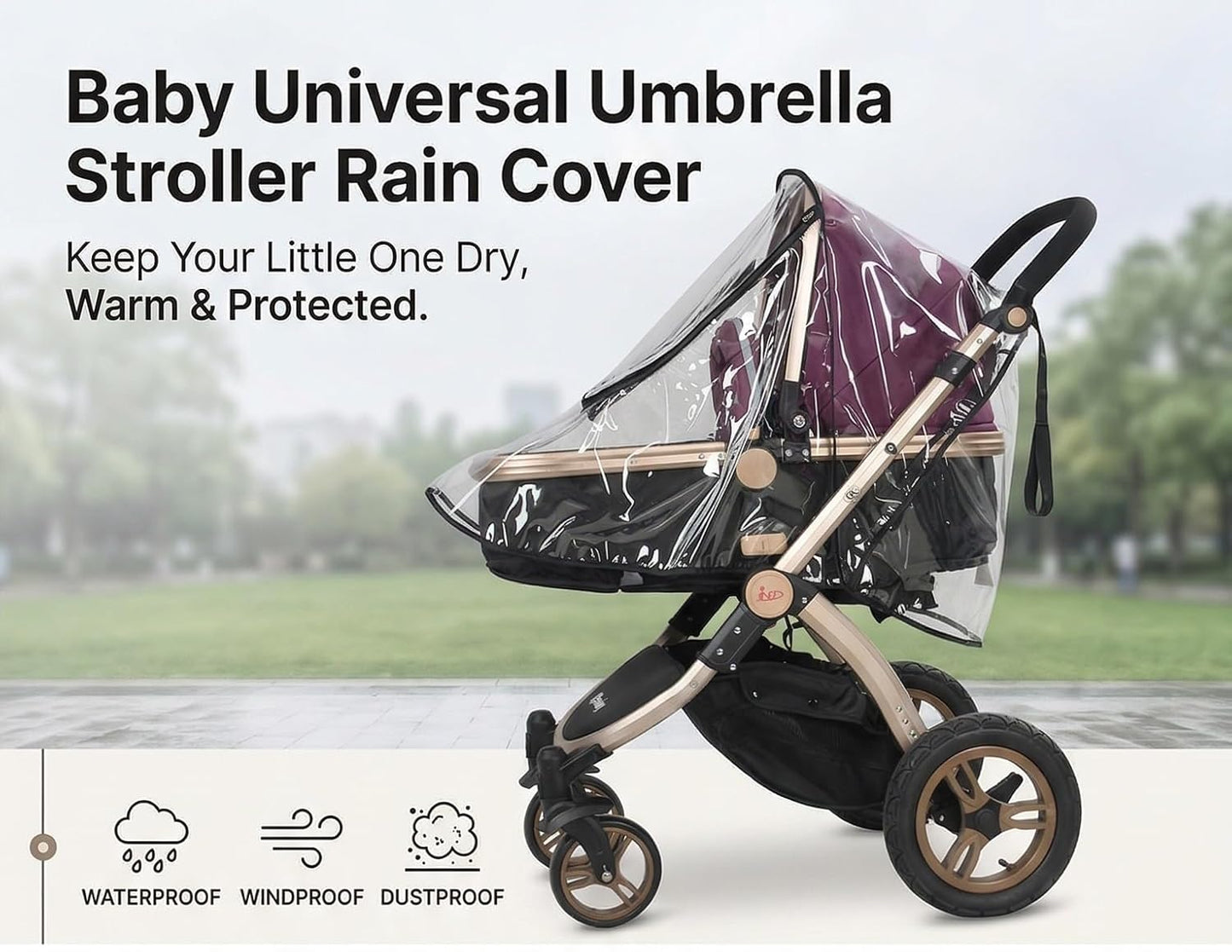 Baby Stroller Rain Cover Transparent PVC with Zipper Window Suitable for General Umbrella Strollers