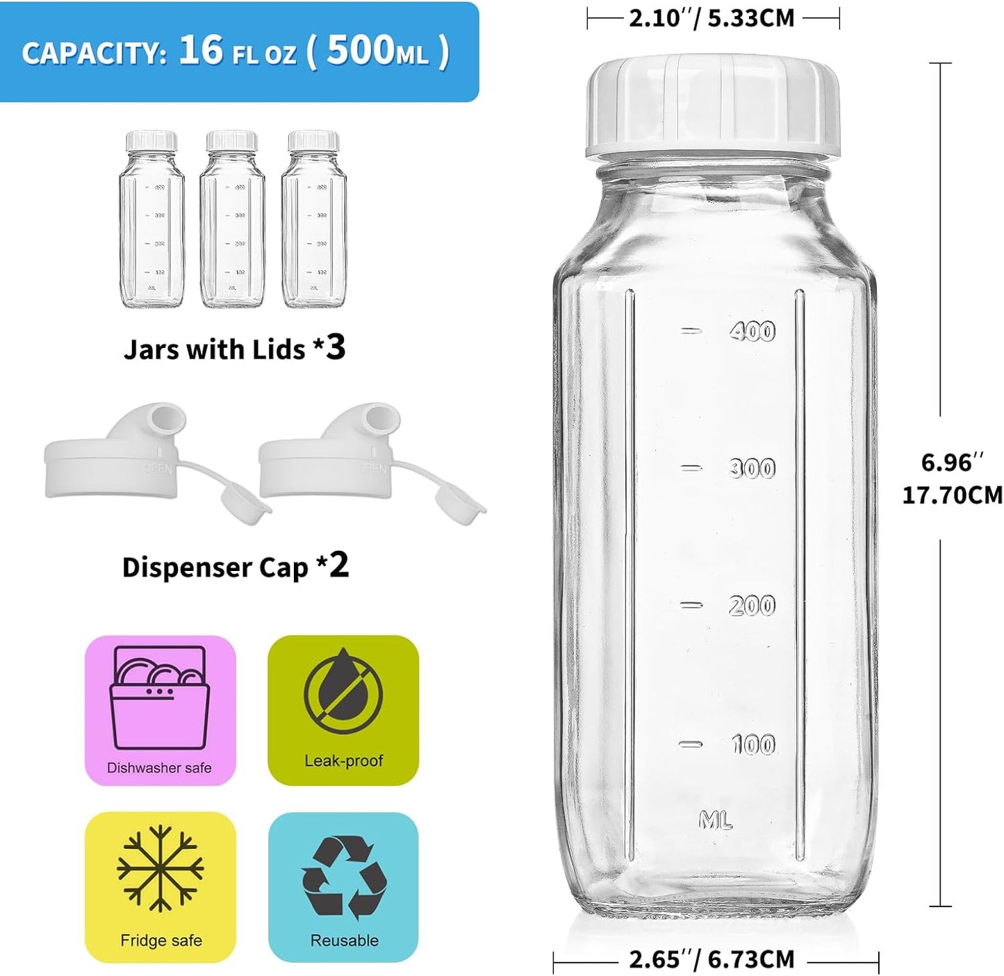 Syntic Glass Juice Bottles with Lids, 3 Pack Clear Glass Water Bottles w 2 Pour Spouts, 16 Oz Reusable Milk Jug w 100% Airtight Cap and Scale for Juicing Containers, Breast Milk Storage, Drinking Jar