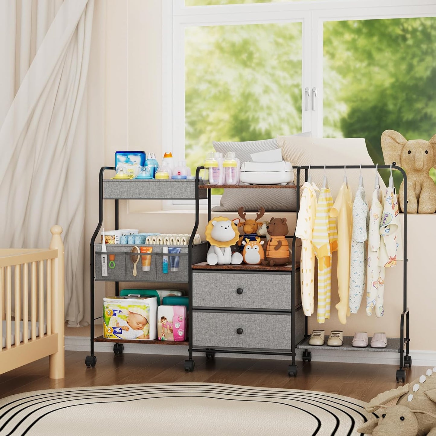 BBLIKE Diaper Caddy Organizer with Hanging Rack - 3 Tier Rolling Utility Cart with Drawers and Dividers for Baby Bottle Storage - Bedside Cart for Changing Station, Crib, Nursery, Bedroom, Beige