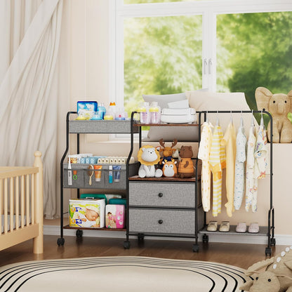 BBLIKE Diaper Caddy Organizer with Hanging Rack - 3 Tier Rolling Utility Cart with Drawers and Dividers for Baby Bottle Storage - Bedside Cart for Changing Station, Crib, Nursery, Bedroom, Beige