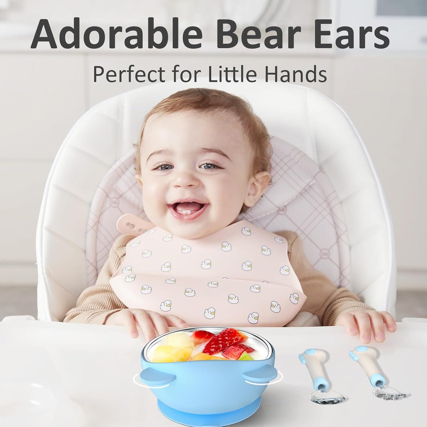 Bakpoco Toddler Bowls with suction & Utensils Set, 2-in-1 Stainless Steel 304 Kids Feeding Bowl & Silicone Suction Baby Bowl with Spoons and Forks, First Self-feeding Training Set, Organic Bloom