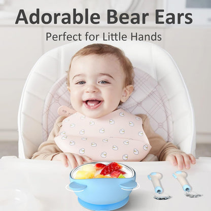 Bakpoco Toddler Bowls with suction & Utensils Set, 2-in-1 Stainless Steel 304 Kids Feeding Bowl & Silicone Suction Baby Bowl with Spoons and Forks, First Self-feeding Training Set, Organic Bloom