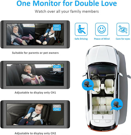 Baby Car Camera for 2 Kids, 6.86" 1080P HD Split Screen Baby Monitor with Dual Backseat Cameras and IR Night Vision, Crystal Clear Wide View Baby Car Mirror for Rear Seat Safety (Not USB)