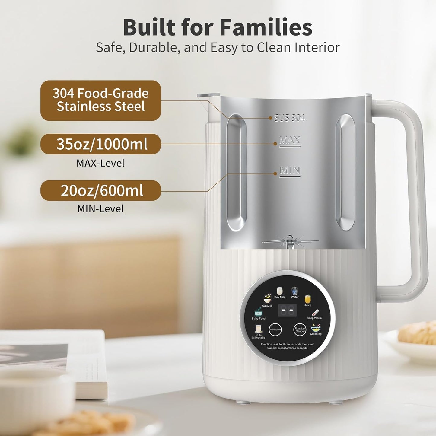 ANHANE 35oz Soy Milk Maker Machine: 8-in-1 Nut Milk Maker for Oat Milk, Vegan Drinks, Baby Food Blender - Plant-Based Milk Machine with Stainless Steel, LED Touch, Auto Shutoff (Green)
