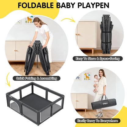Baby Playpen Foldable Playpen for Babies and Toddlers, Large Playpens Portable Play Pen Play Yard for Kids Fence Indoor Outdoor Travel 4 Handlers 50 Balls Baby Gifts Essentials 50"X50" Dark Grey